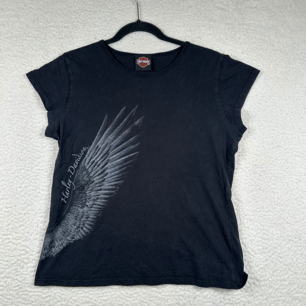 Harley-Davidson Graphic Tee Women Wing Biker Lake Tahoe Shirt L Black Moto Goth